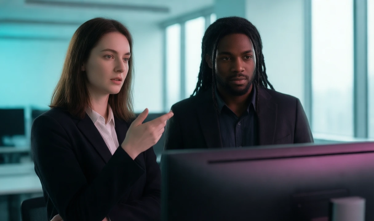 Two diverse professionals in a bright office having a discussion — clean editorial photo, no text, no logos, anatomy looks correct. Fits a SOC-team / evaluation discussion con