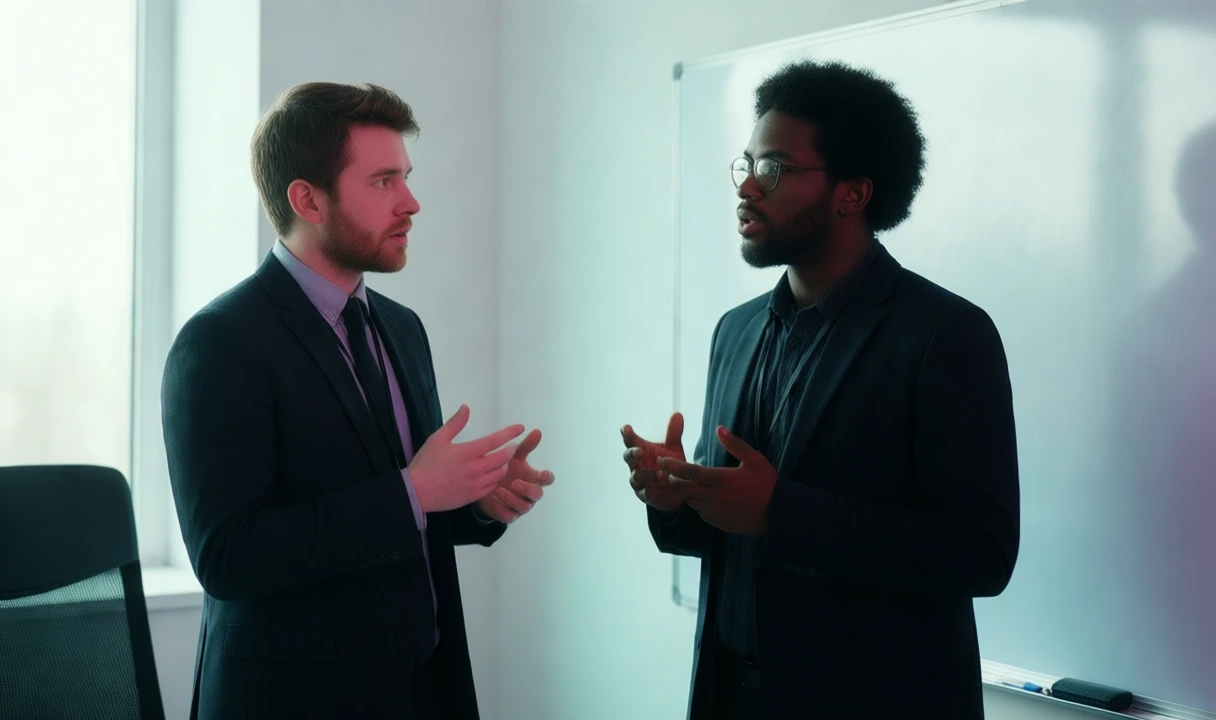 Clean editorial photo of two diverse professionals in discussion by a whiteboard in a bright office; no text, no third-party logos, and anatomy appears intact.
