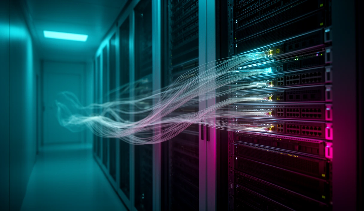 Cinematic data center corridor with flowing translucent network traffic streams entering switch ports, rendered in cyan-to-magenta palette. Symbolically evokes network traffic