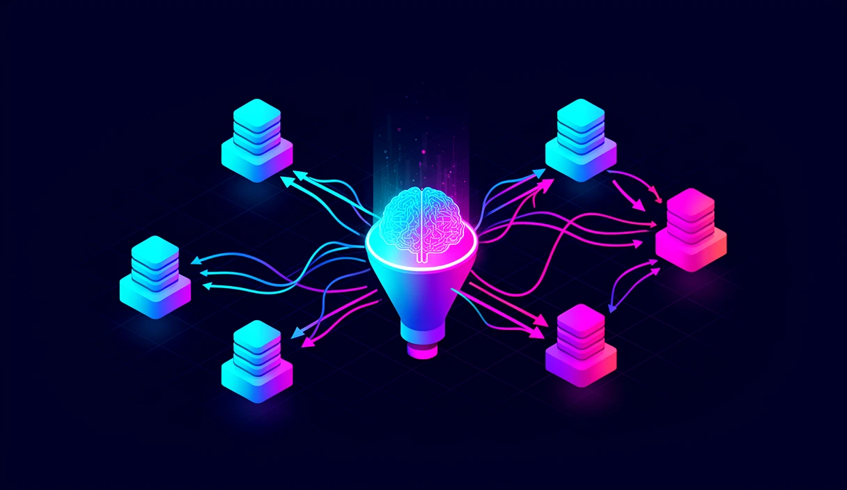 Abstract isometric scene of a central AI/brain node receiving and sending arrows to surrounding data-stack nodes evokes log ingestion into a SOC copilot, with cyan-to-magenta 