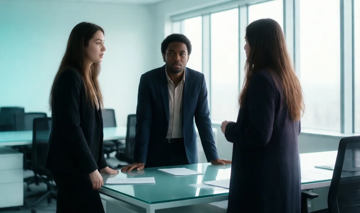 Two diverse professionals in a bright, modern office setting with subtle teal/magenta accents; no visible text, logos, or anatomical deformities. Fits an editorial SOC/securit