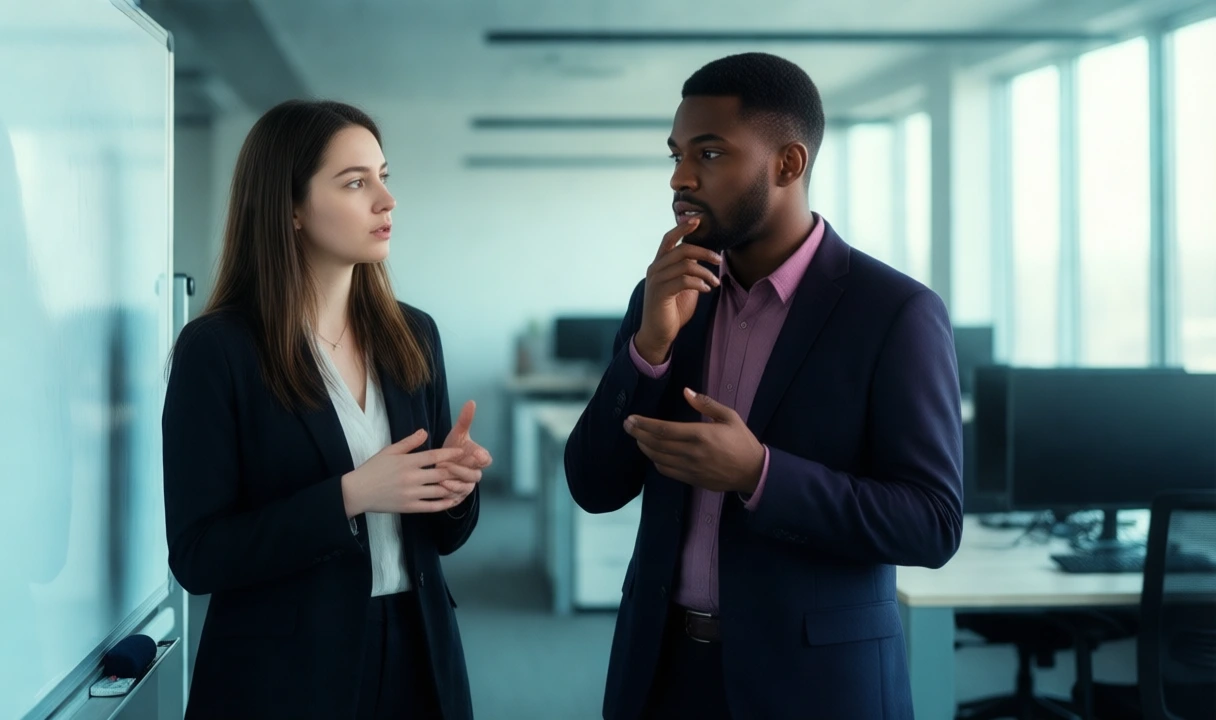 Clean editorial photo of two diverse professionals in a bright modern office having a discussion; no text, no third-party logos, anatomy looks natural. Palette is soft, cool a