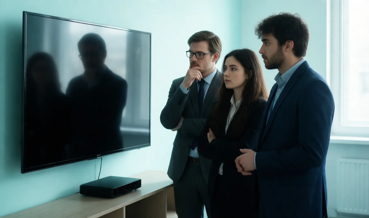 Three professionals observing a wall-mounted smart TV with faint reflected silhouettes evokes the smart-TV / IoT replication theme. Light blue palette, clean editorial look, n