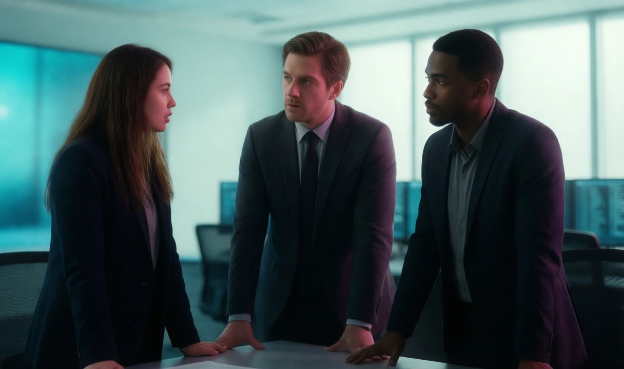 Three diverse professionals in a modern office with cool blue tones, no visible text or logos, anatomy appears clean and photoreal. Serious/contemplative mood fits an editoria
