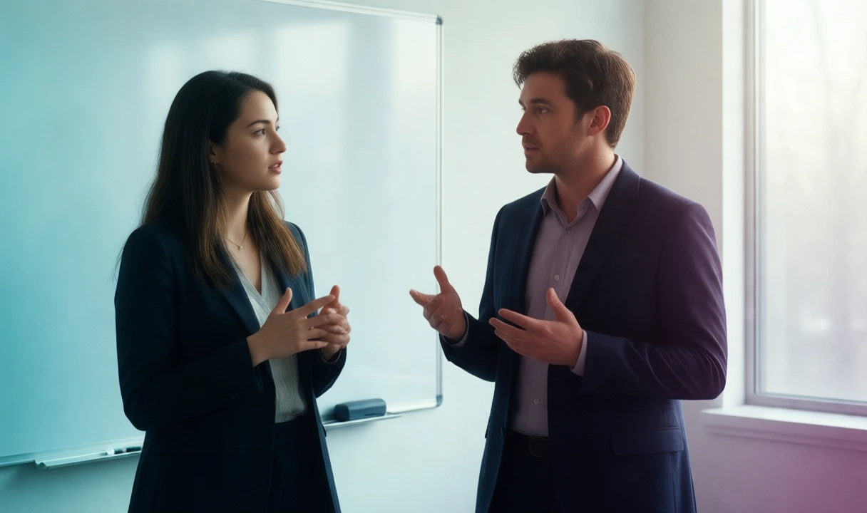 Clean editorial photo of two professionals in a bright office having a mentoring/training conversation, no text or third-party logos, anatomy looks natural, fits SOC training 