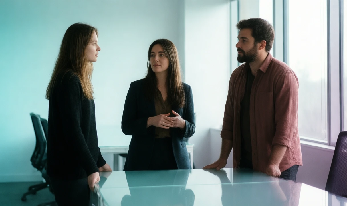 Clean editorial photo of two diverse professionals in conversation in a bright modern office; no text, no third-party logos, anatomy looks natural.