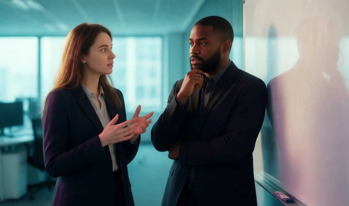 Clean editorial photo of three diverse professionals in discussion, no text or logos visible, anatomy looks natural. Lighting is moody cyan/magenta rather than bright/light, b