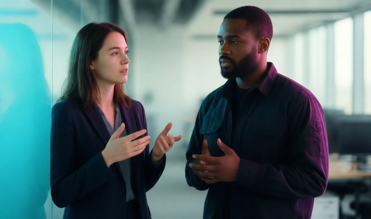 Clean editorial photo of three diverse professionals in a serious meeting; no visible text, no third-party logos, anatomy looks correct. Palette leans cool/muted rather than b