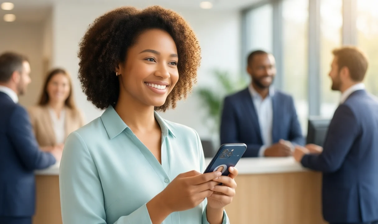 A bright, sunlit office where a person taps a phone showing an EU Digital Identity Wallet while a colleague reviews a verified login on a laptop.