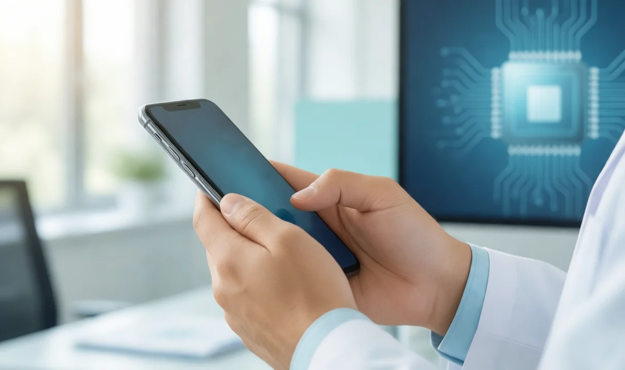 Bright engineering office where two people review a phone's secure-element attestation chain on a large screen