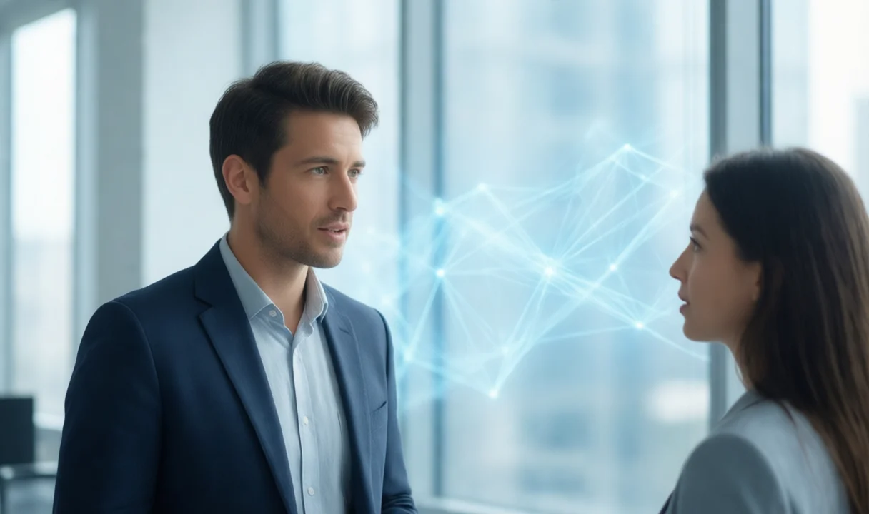 Engineers in a bright office reviewing an identity federation diagram on a large screen, daylight through tall windows.