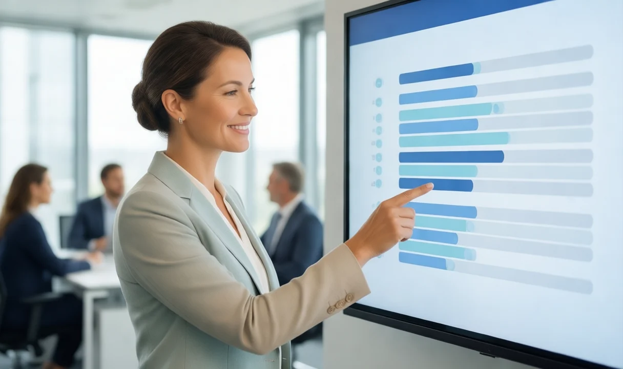Bright modern office where an EU business team compares identity provider options on a large screen in a sunlit meeting room.