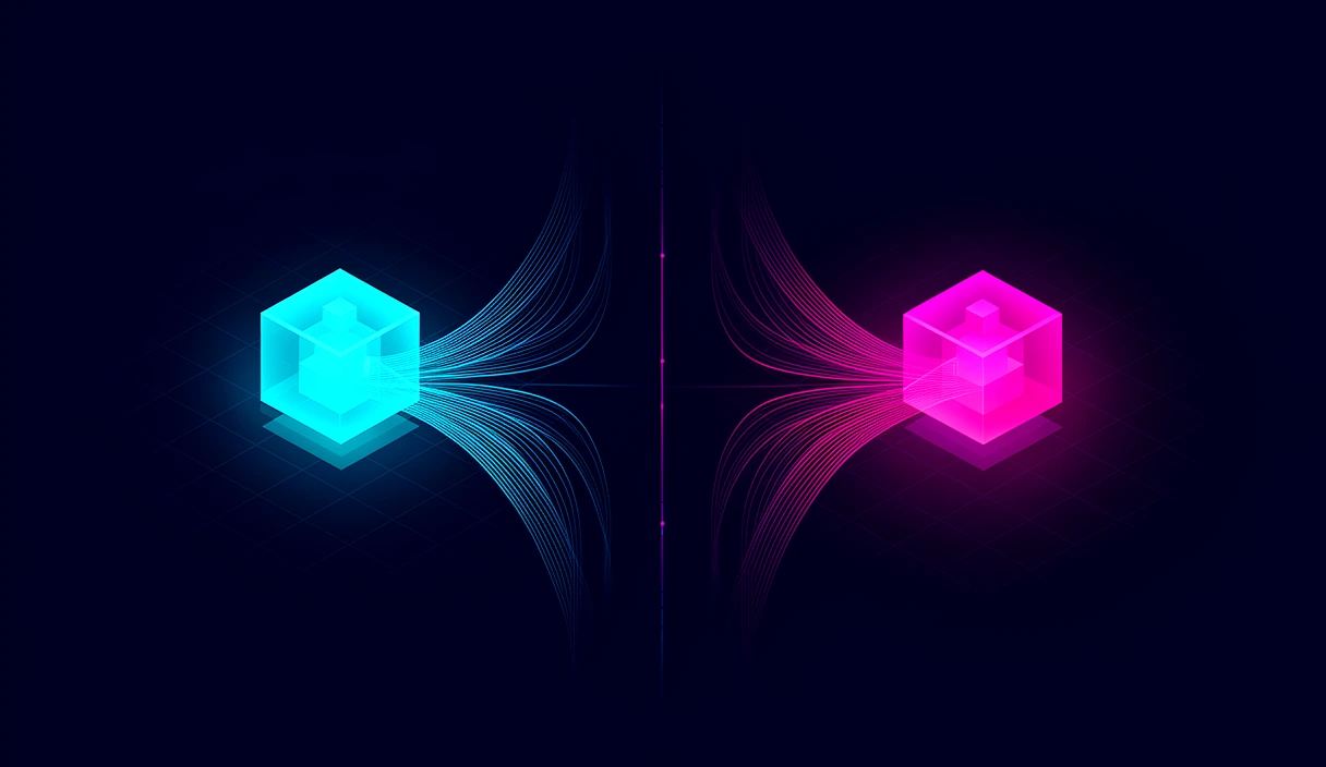 Two symmetrical glowing cubes (cyan and magenta) connected by flowing data streams cleanly evoke a comparison of two distinct entities/firms in the brand palette with no faces