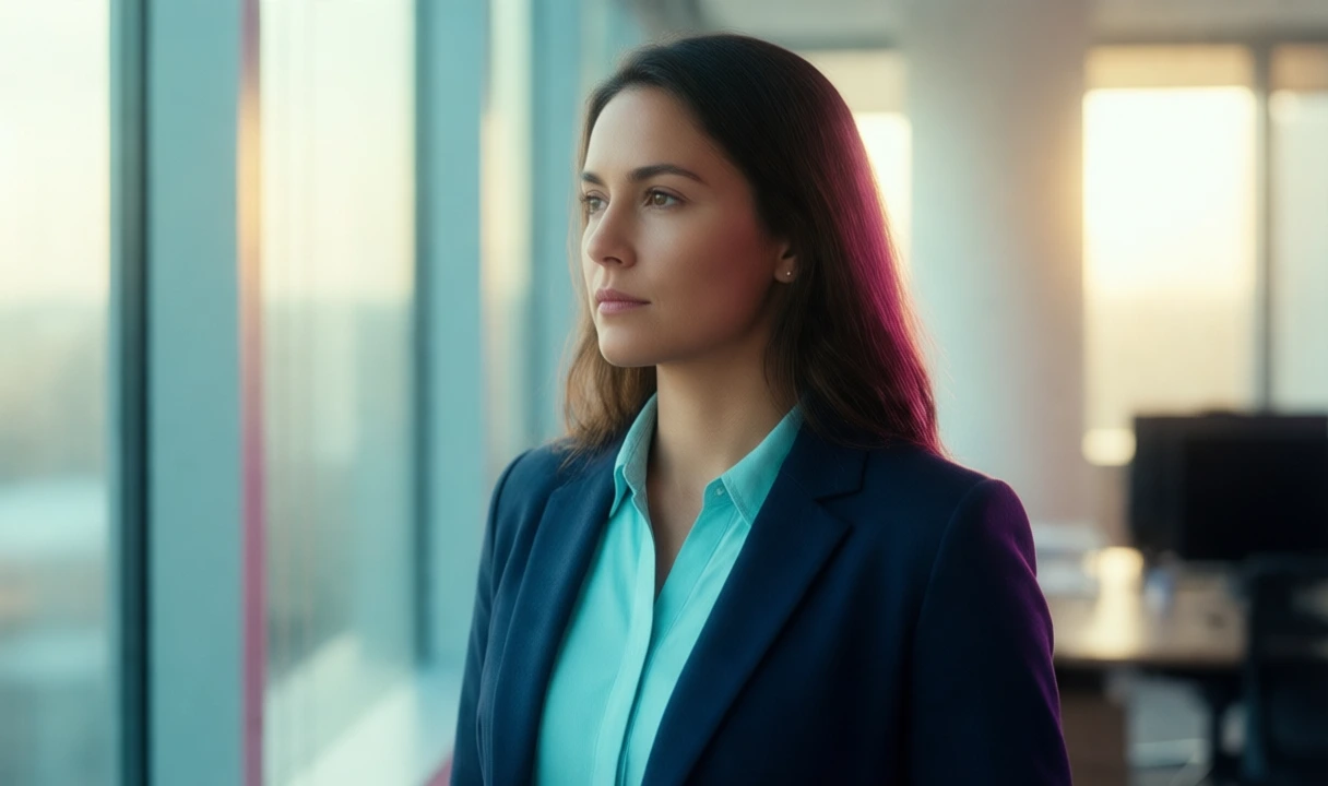 Clean, bright editorial photo of a professional woman at a laptop in a light office setting. No visible text, no third-party logos, anatomy looks natural.