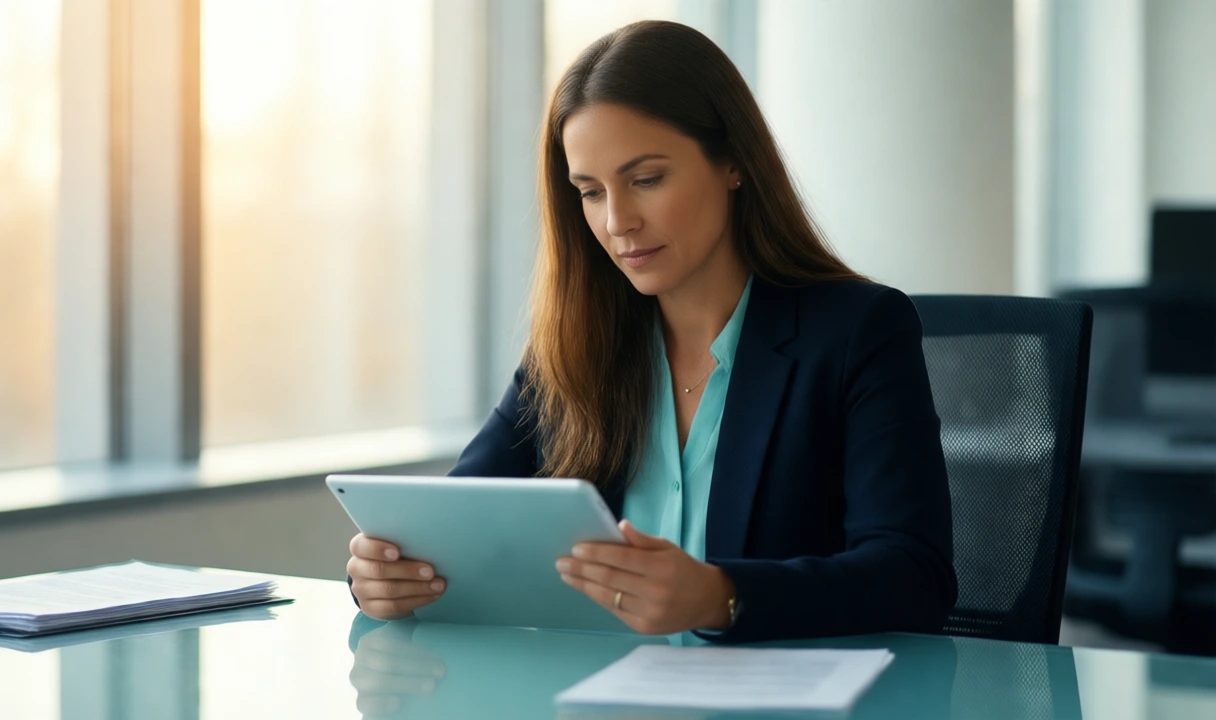 Clean editorial photo of a professional using a tablet in a bright office; no text, no third-party logos, anatomy looks natural. Fits a consulting/NIS2 implementation article.