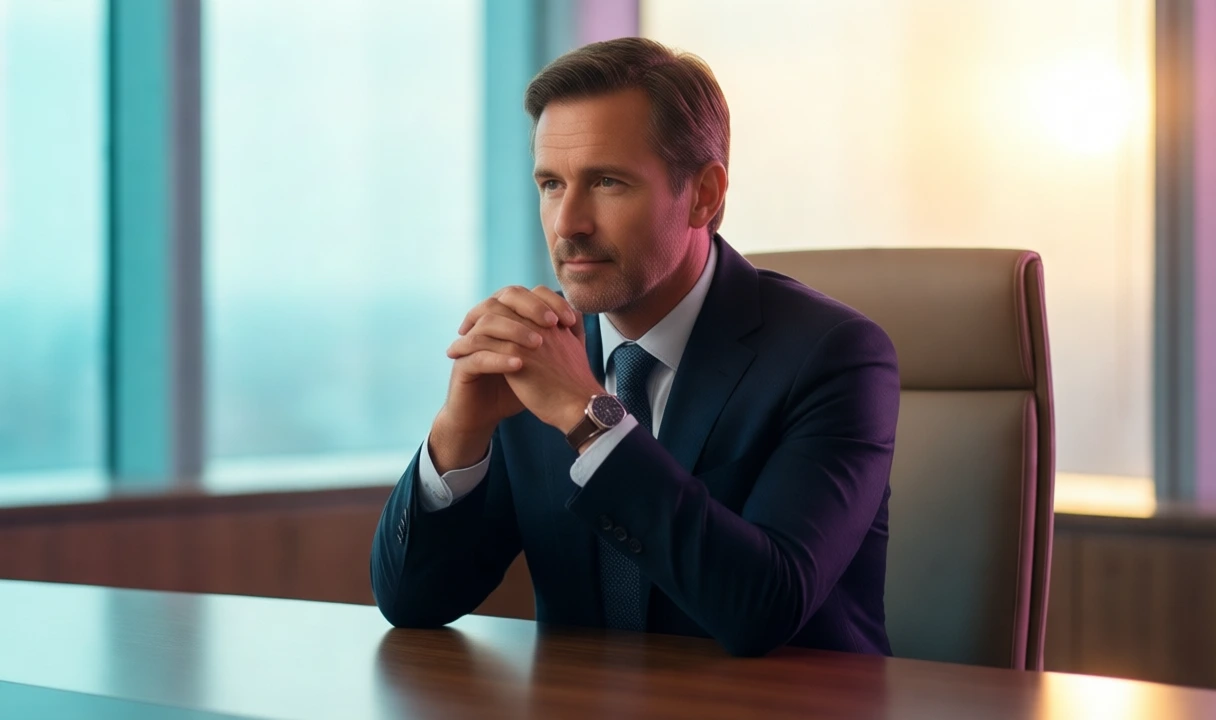 Photoreal editorial image of a pensive executive in a bright, sunlit boardroom with a blank paper on the table; no text, no third-party logos, hands and face rendered cleanly,