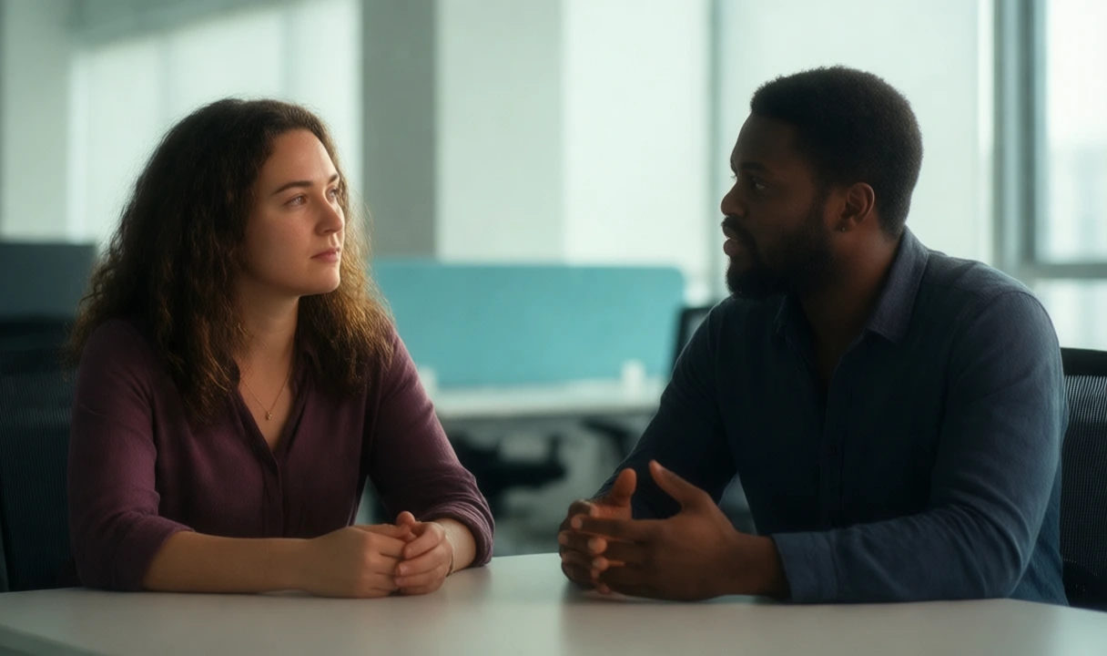 Clean editorial photo of two diverse professionals in a bright modern office having a discussion; no text, no third-party logos, anatomy looks correct.