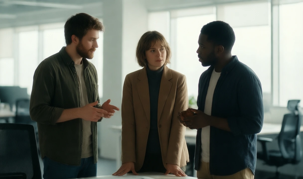 Clean editorial photo of three diverse professionals in a bright modern office having a discussion; no text, no logos, anatomy looks correct, light palette fits the brand.