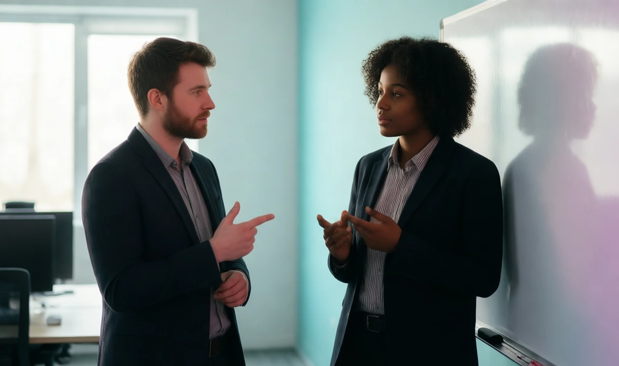 Clean editorial photo of two diverse professionals in conversation near a whiteboard, bright light palette, no text or logos, anatomy looks correct.