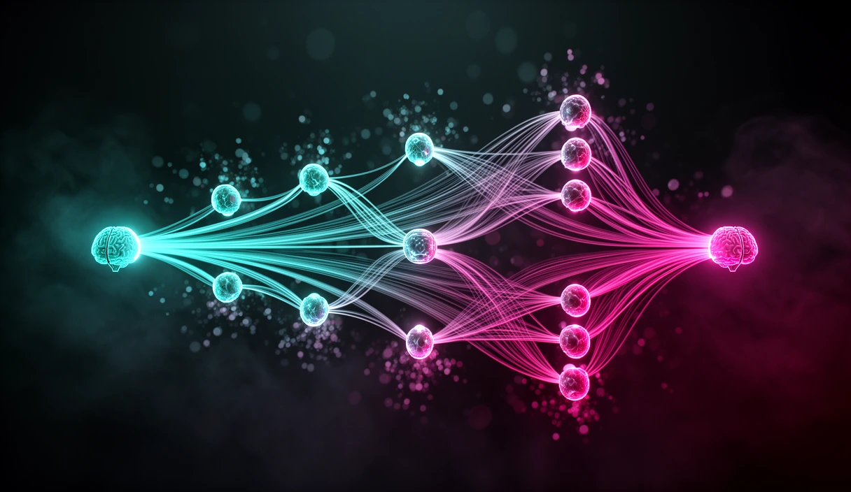Abstract neural network topology with cyan and magenta nodes connected by flowing pathways visualizes 'safety in topology' concept. No faces, hands, logos, or text present, an