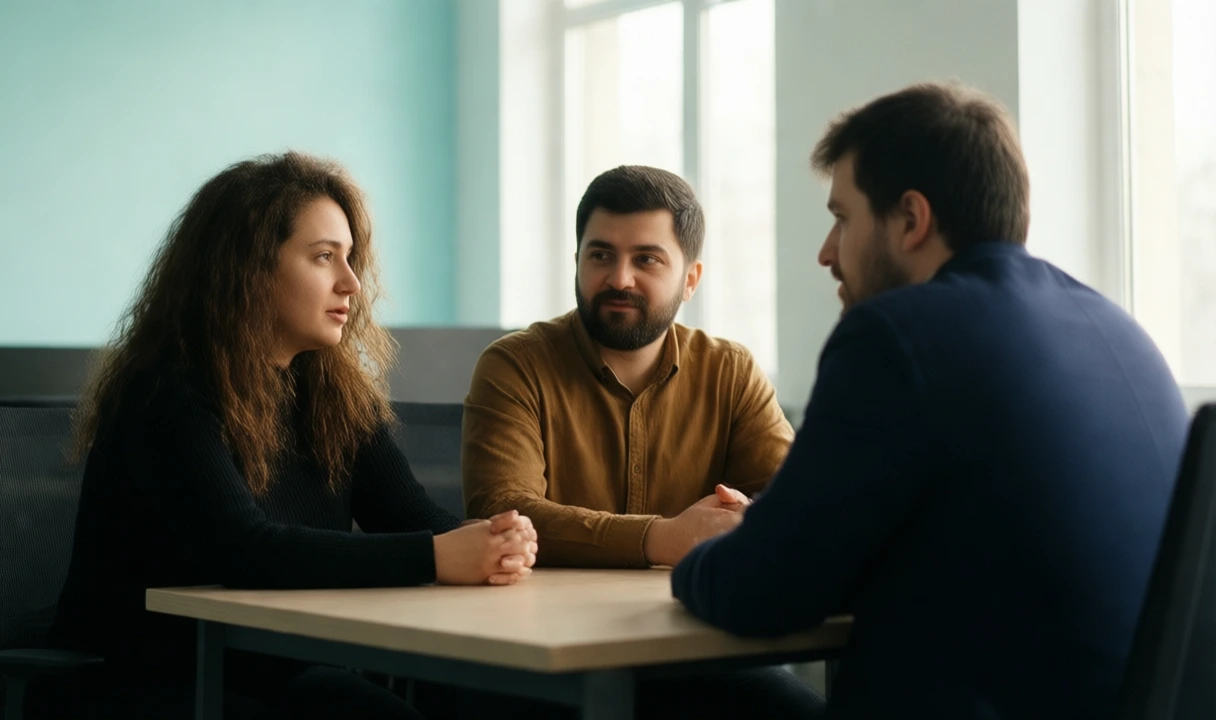 Bright, editorial meeting scene with three professionals in conversation around a table by a sunlit window; no text, no third-party logos, and anatomy looks natural. Fits an o