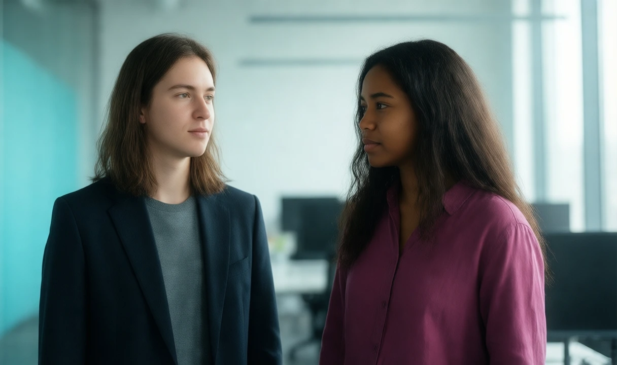 Clean editorial photo of two diverse professionals collaborating at a workstation with monitor and keyboard, no visible text or logos, anatomy looks correct, bright office set