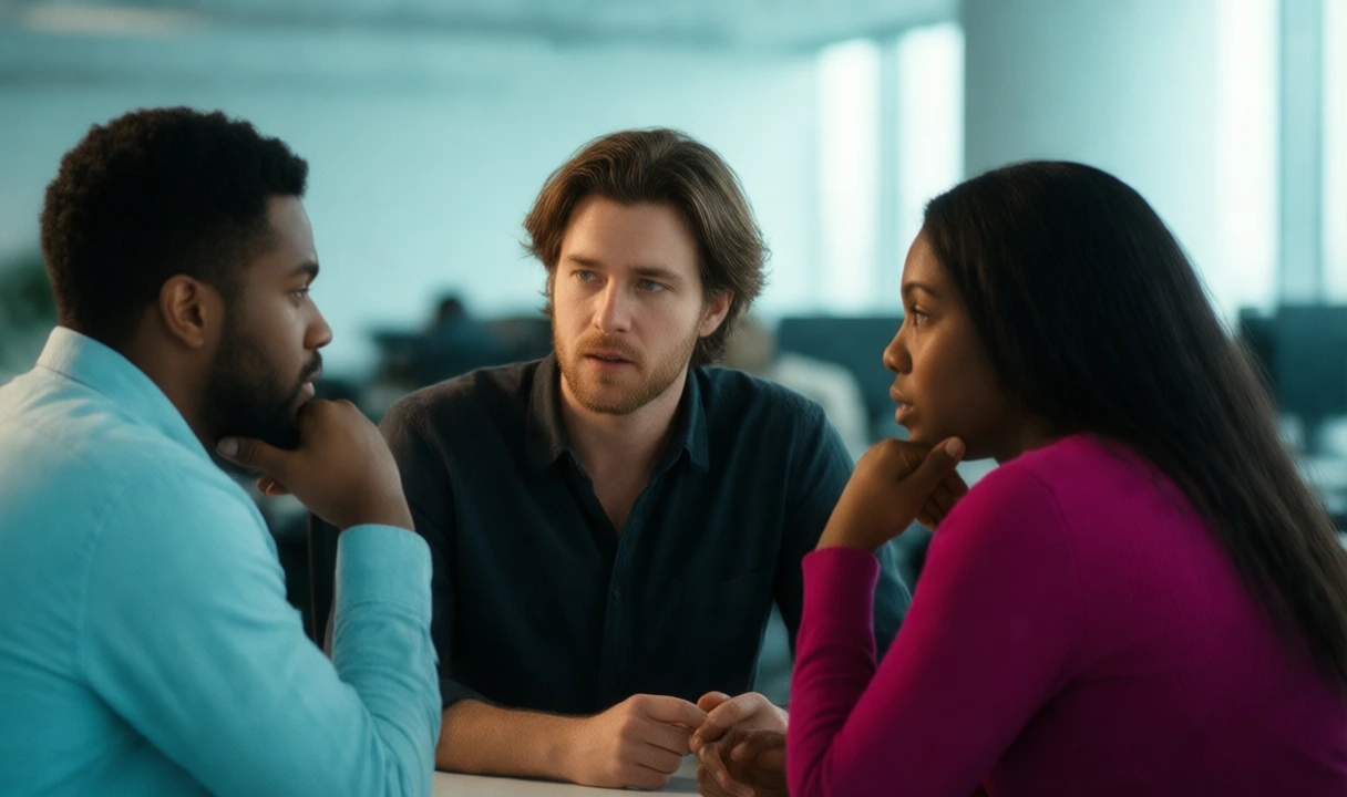 Clean editorial photo of a diverse professional team in discussion around a table in a bright modern office; no text, no third-party logos, anatomy looks correct, palette is l