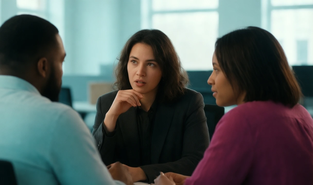 Clean, bright editorial scene of two diverse professionals discussing at a blank whiteboard, evoking decision/analysis. No text, no third-party logos, anatomy looks natural.