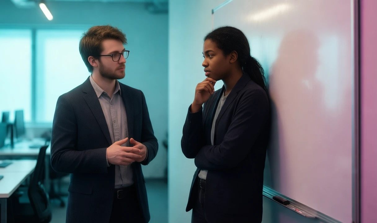 Clean, photoreal editorial scene of two diverse professionals in conversation in a bright office; no text, no third-party logos, anatomy looks correct, purple accent fits bran