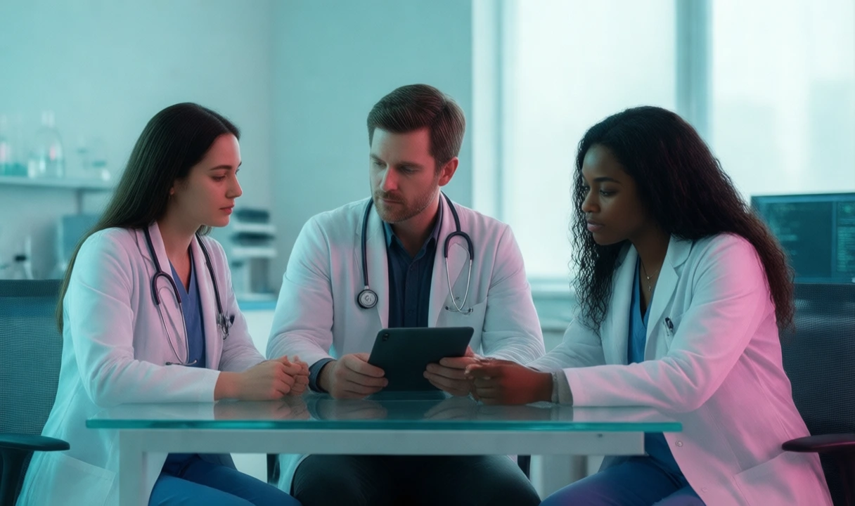 Two diverse professionals in conversation in a bright office setting; no text or logos visible, anatomy looks natural, clean editorial photoreal style suitable as a hero image
