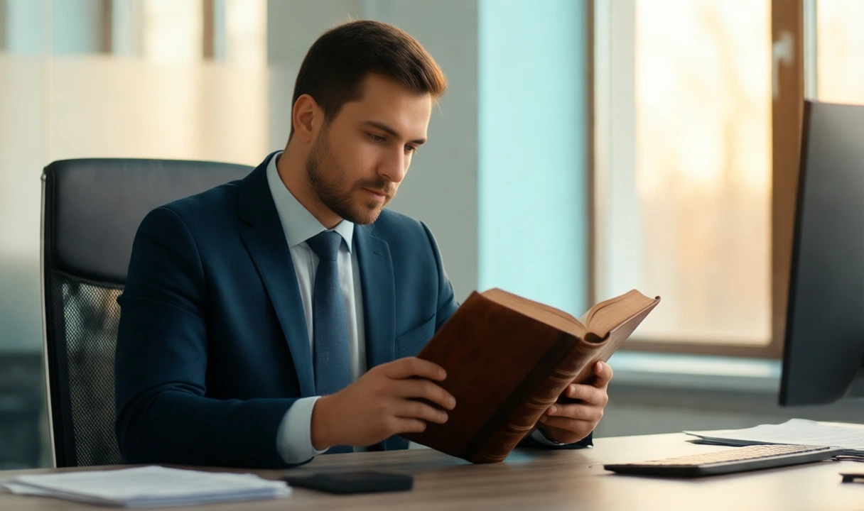 Clean, bright editorial photo of a professional in a suit studying a leather-bound book at a desk with a computer — fits a legal AI/anti-hallucination topic. No visible text, 