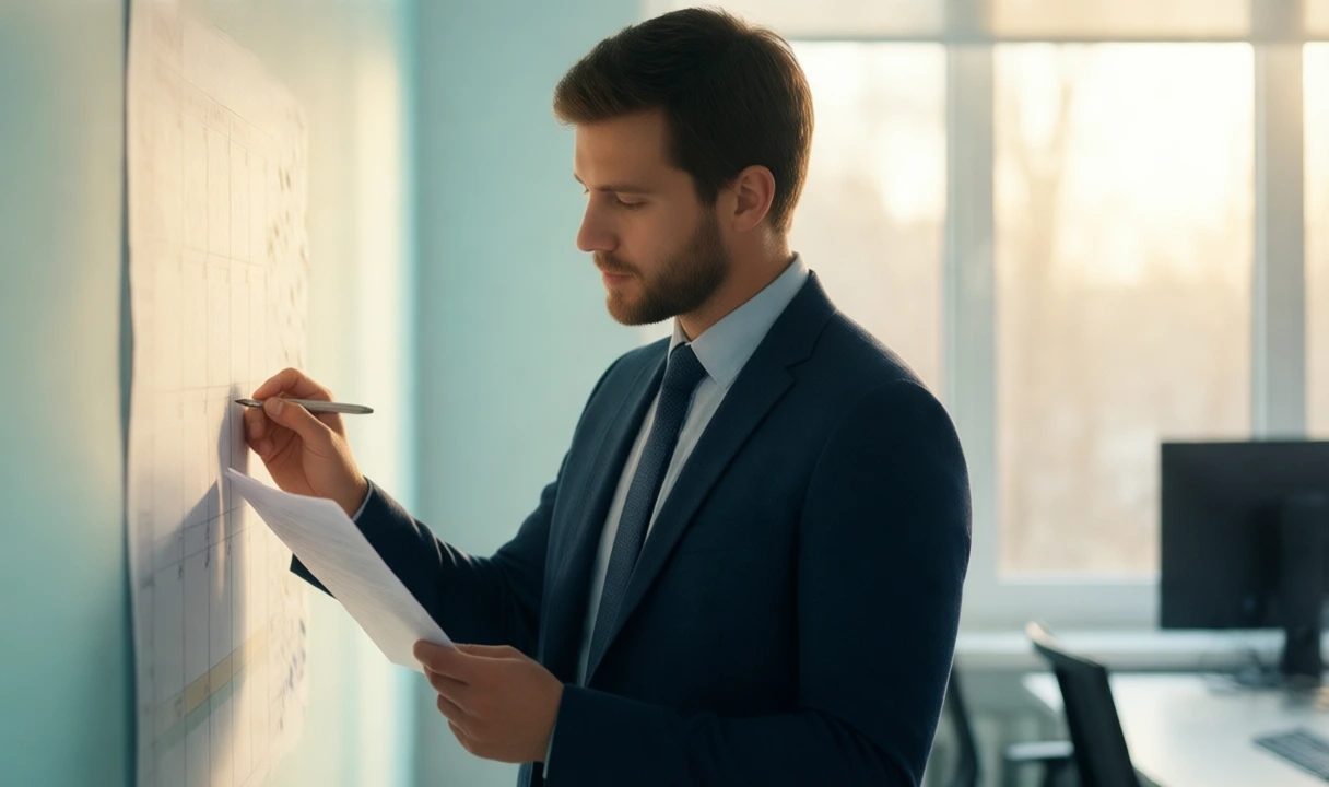 Clean, bright editorial photo of a professional using a tablet in a modern office. No visible text, no third-party logos, anatomy is intact. Fits an EU AI Act compliance artic