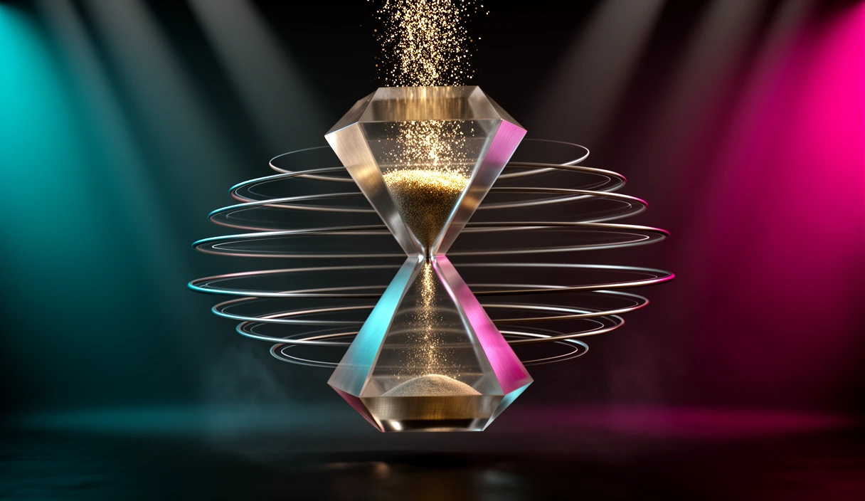 Clepsidră cristalină cinematică cu iluminare cyan-spre-magenta și inele orbitale, simbolizând amânarea reglementării și termenele de conformitate; fără fețe, logo-uri sau text.