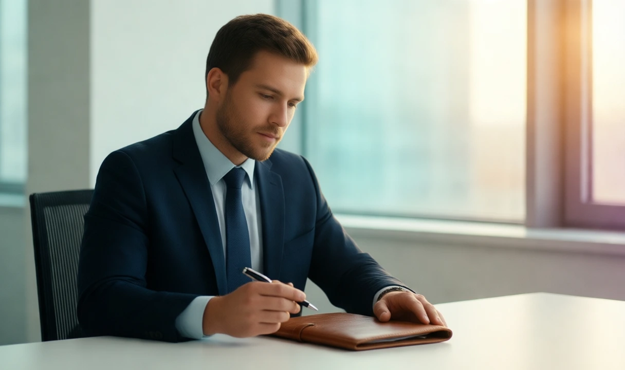 Clean, bright editorial photo of a professional in a navy suit writing on a leather portfolio near a window; anatomy is correct, no text or third-party logos, and the setting 