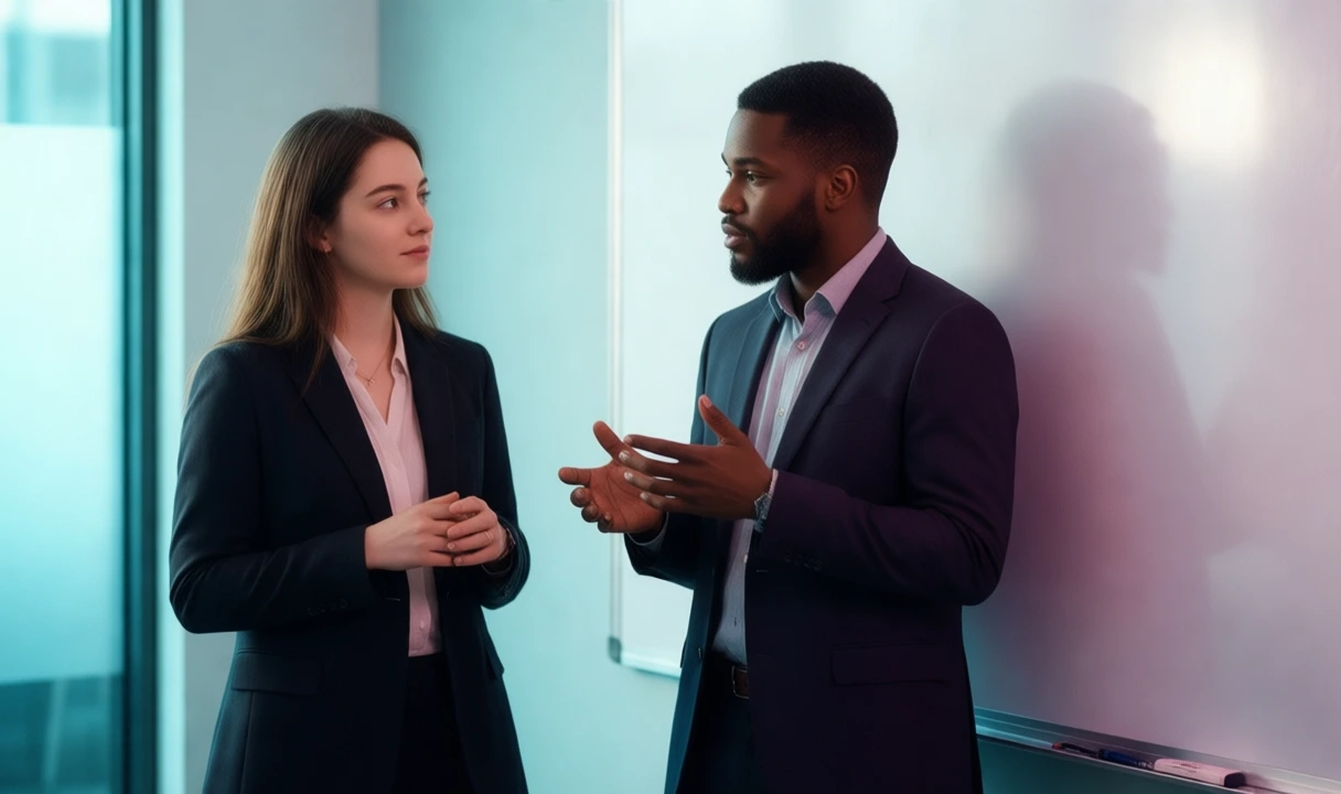 Clean editorial photo of three professionals in a bright meeting room, no text or third-party logos, anatomy looks correct. Palette is light and cool, consistent with a seriou