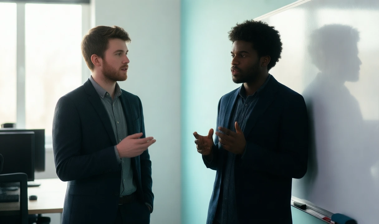 Clean editorial photo of two diverse professionals discussing in a bright office with whiteboard; no text, no logos, anatomy looks correct, palette is light and on-brand.