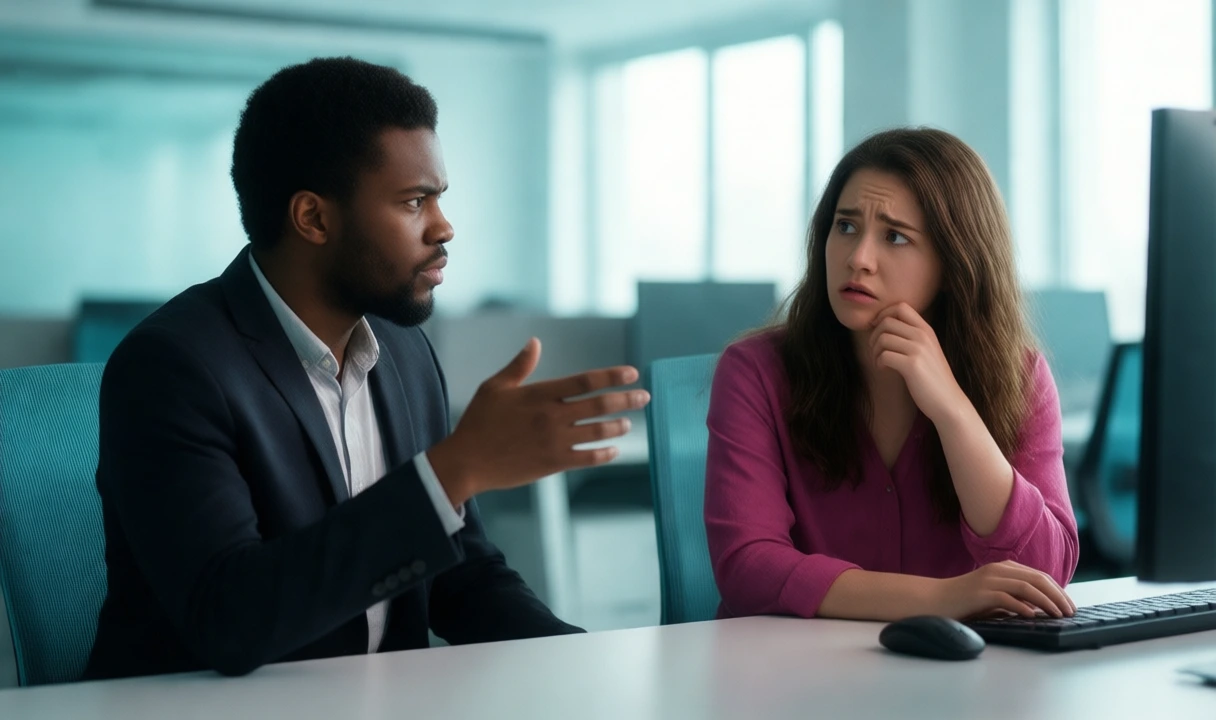 Clean photoreal editorial scene of two professionals in a bright office having a serious discussion; no text, no logos, and anatomy looks correct. Fits a thoughtful RAG/trust/