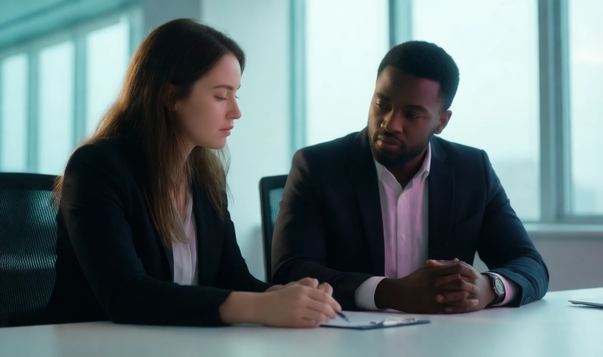 Clean editorial photo of two diverse professionals reviewing a document in a bright office; no visible text, no third-party logos, anatomy appears natural.
