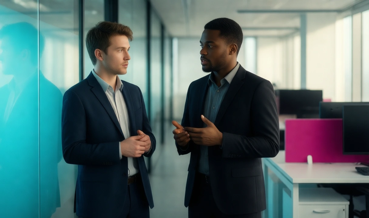 Clean editorial photo of two diverse professionals in a bright modern office; no text, no third-party logos, no anatomical deformities. Works as a neutral hero for a RAG secur