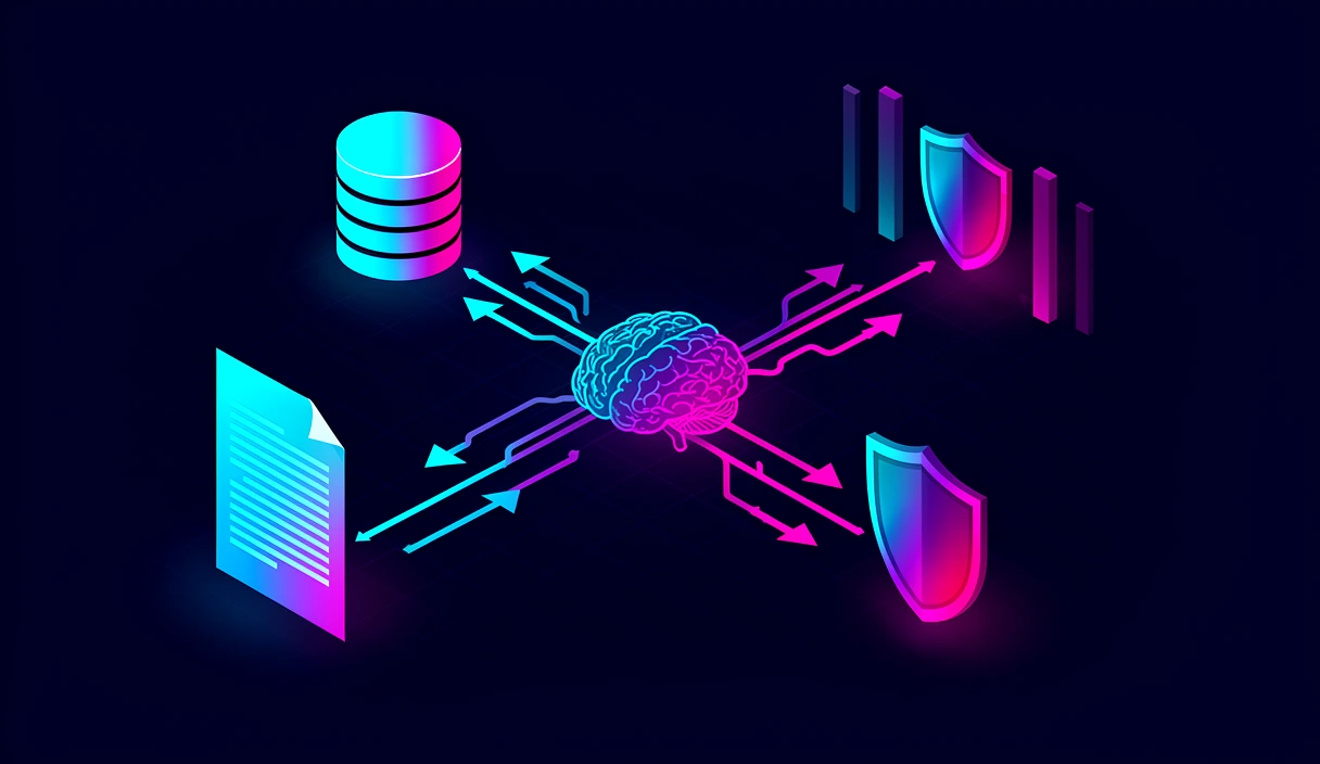 Isometric scene with database, document, brain, and shields connected by bidirectional arrows symbolizes RAG pipeline retrieval and security; uses cyan-to-magenta palette with