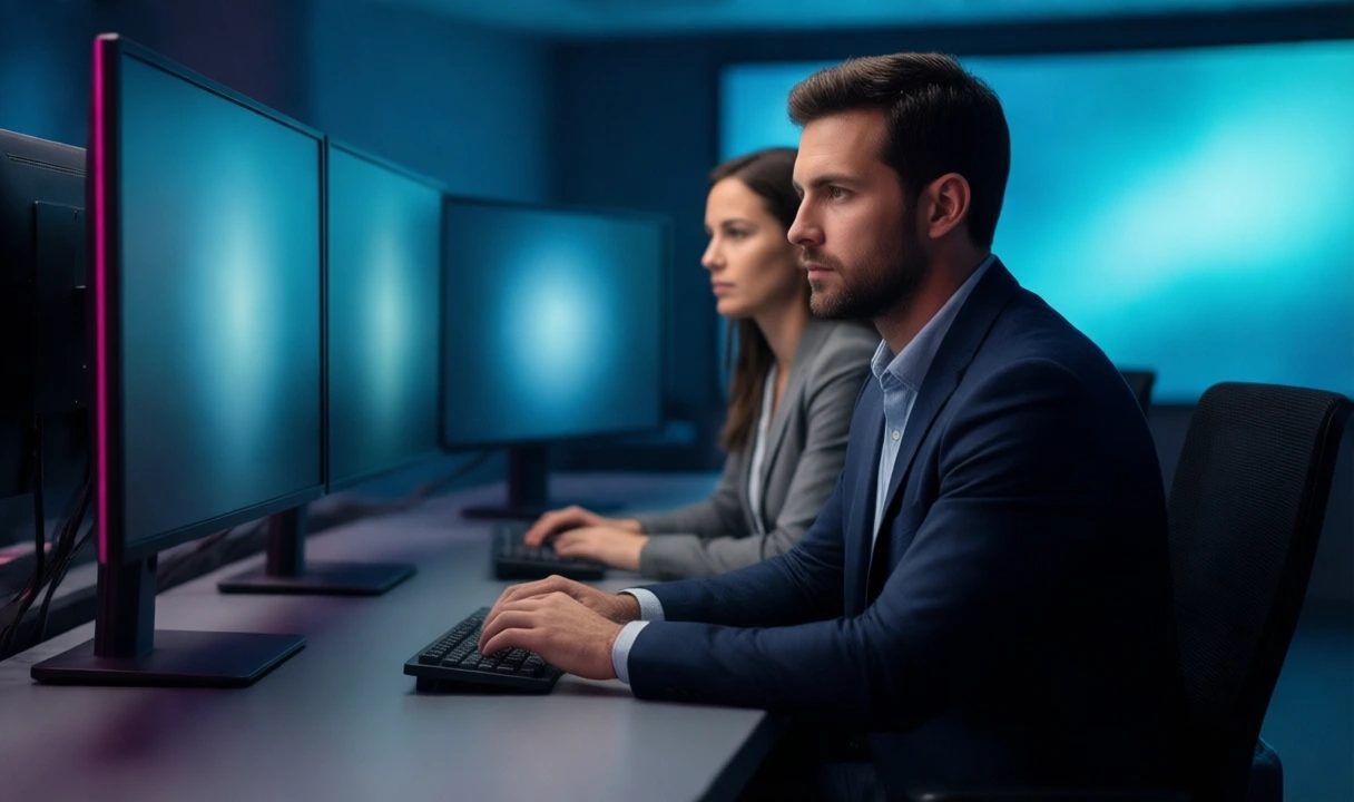 AEGIS security operations centre — two analysts at monitoring dashboards